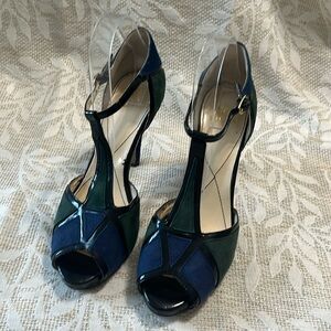 Isola Blue Green Color Block Suede Black Patent Leather T Strap Stiletto Heel 10